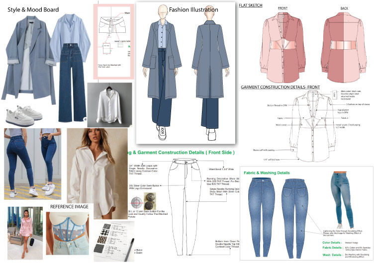 Tech pack in fashion showing garment construction details, fabric specifications, mood board, and flat sketches used in apparel design.