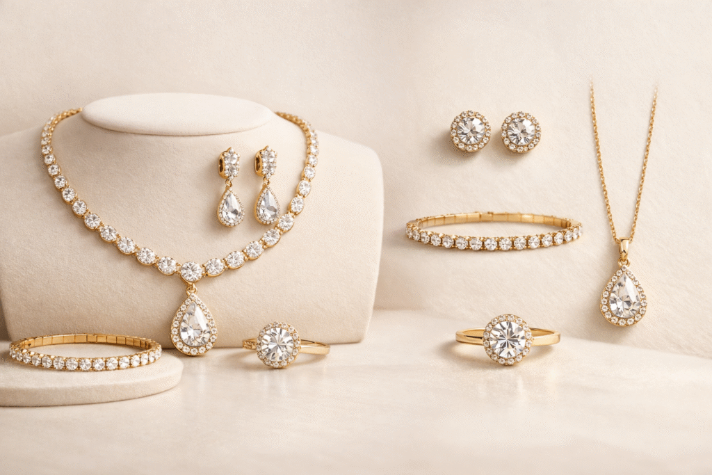 Affordable luxury jewellery collection featuring elegant gold and diamond style pieces for modern women