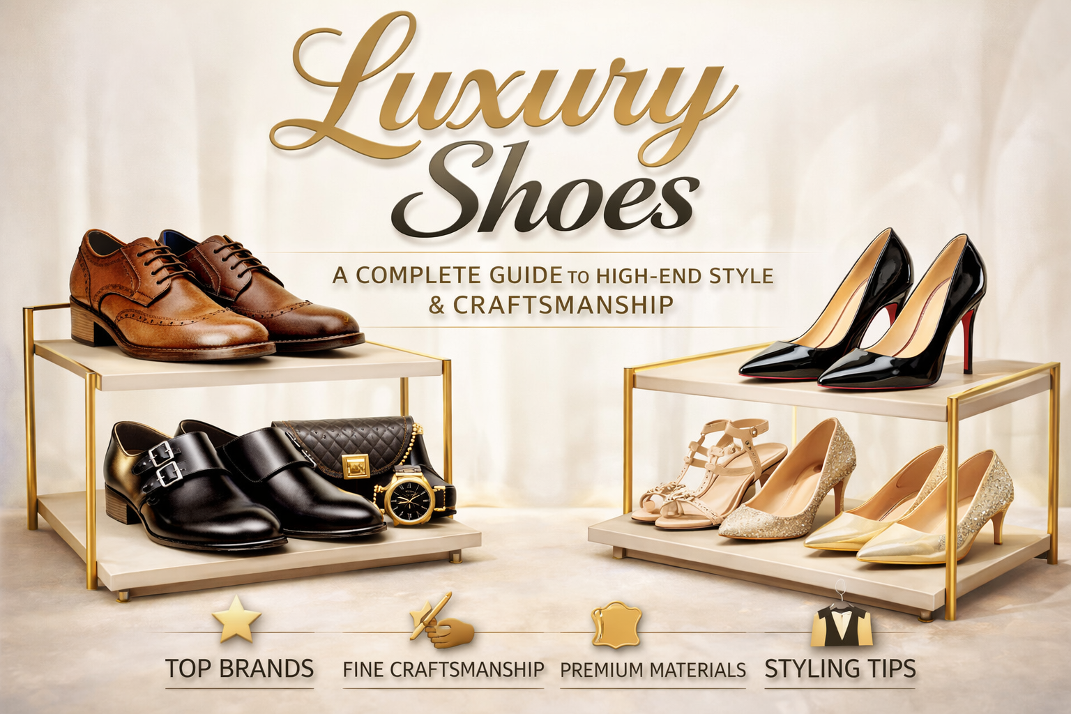 Luxury shoes for men and women displayed in an elegant luxury setting showcasing high-end footwear, premium craftsmanship, and timeless fashion style