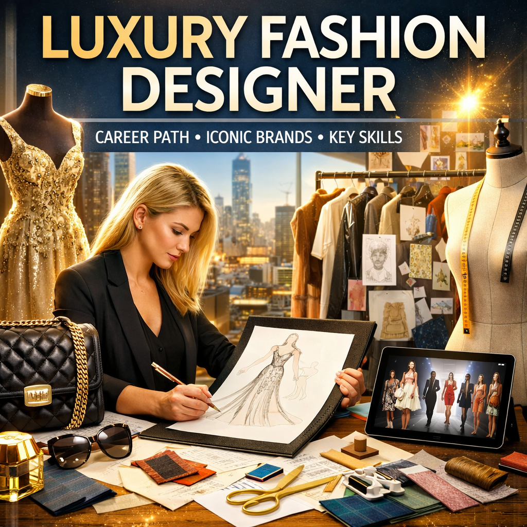 Luxury fashion designer sketching an elegant gown in a modern studio with mannequins, fabric swatches, and premium accessories, representing high-end fashion design and craftsmanship