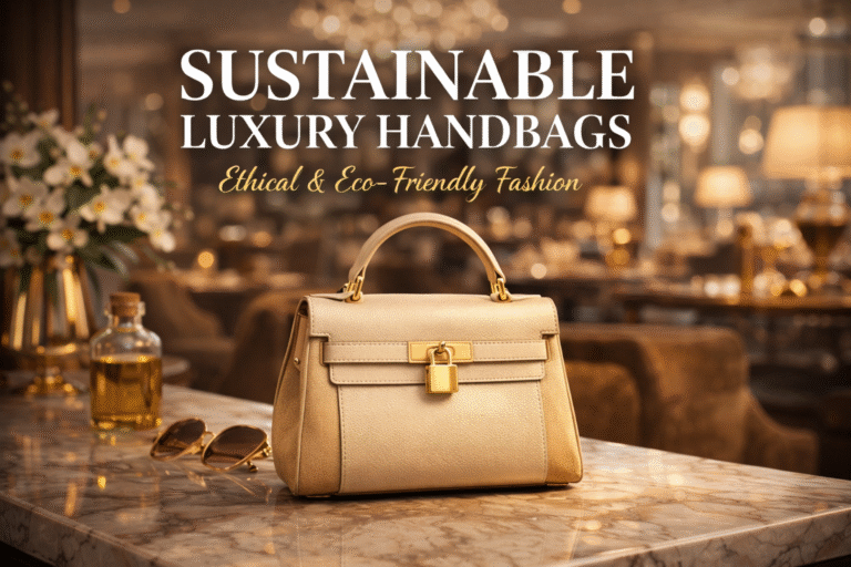 Elegant and sustainable luxury handbags displayed on a minimalist background