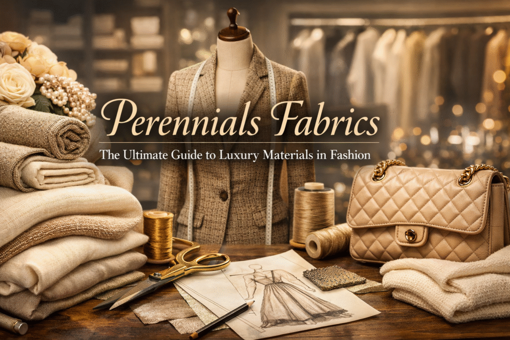 Luxury fashion workspace featuring Perennials fabrics, tailored blazer, designer handbag, fabric rolls, and couture sketch.