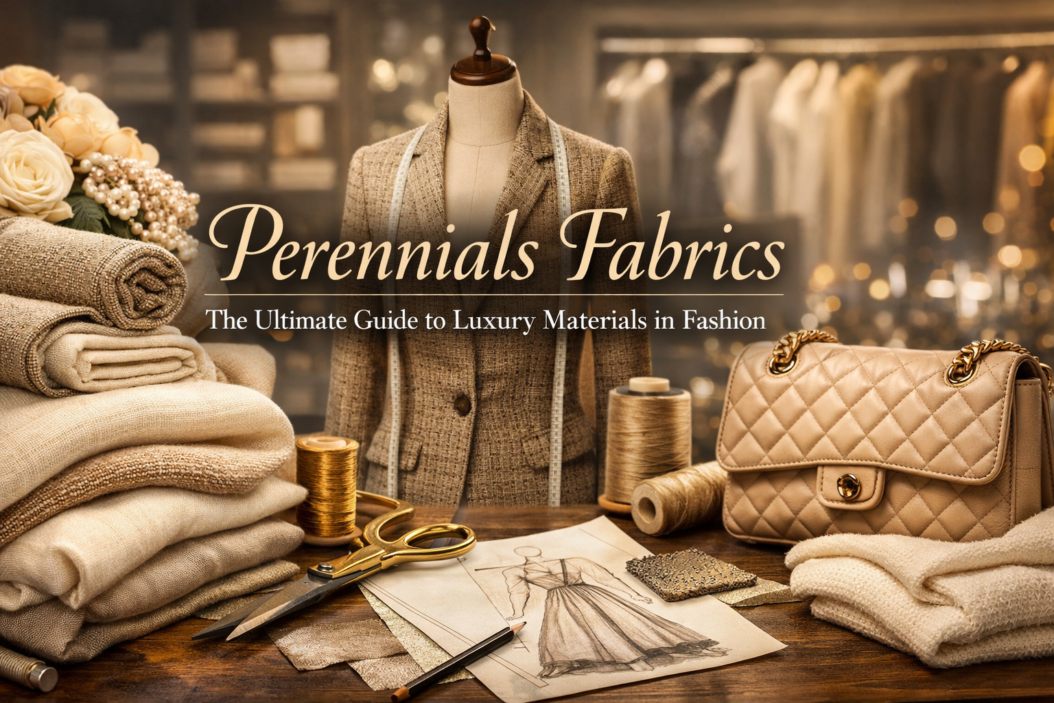 Luxury fashion workspace featuring Perennials fabrics, tailored blazer, designer handbag, fabric rolls, and couture sketch.