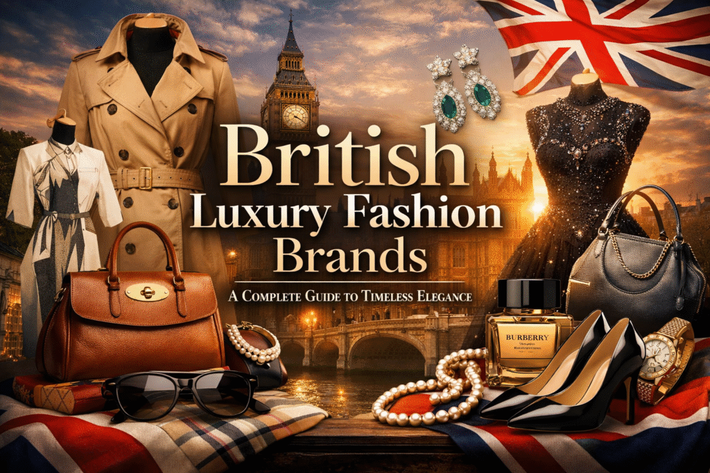 British luxury fashion brands featuring classic trench coats, designer handbags, elegant dresses, luxury accessories, and London heritage