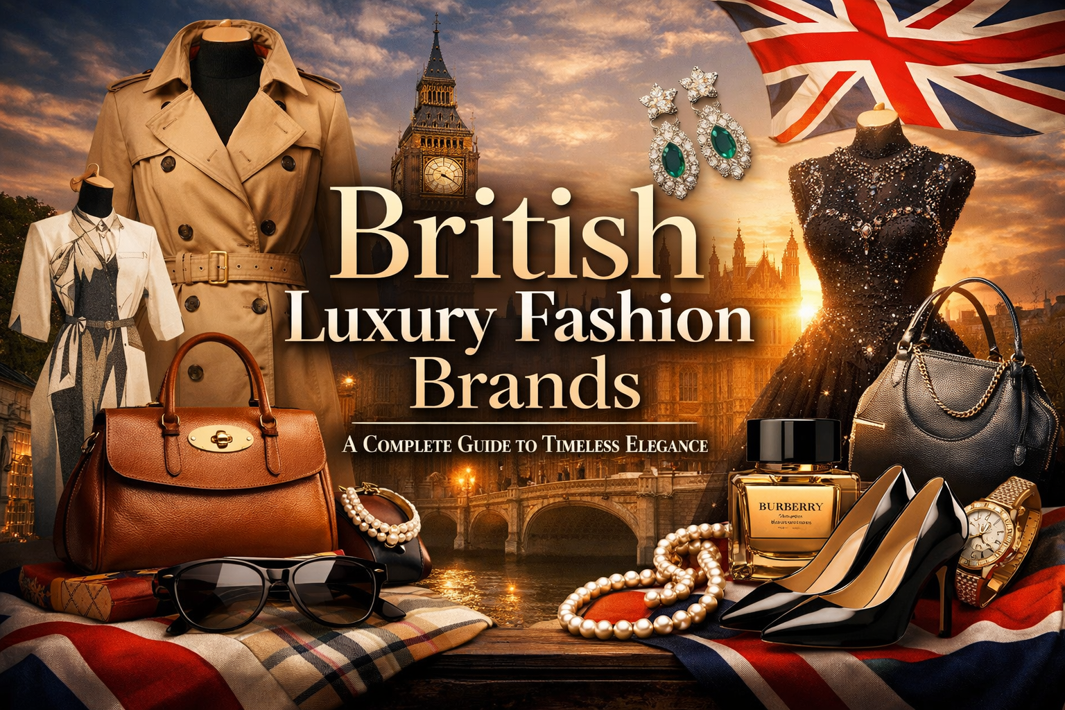 British luxury fashion brands featuring classic trench coats, designer handbags, elegant dresses, luxury accessories, and London heritage