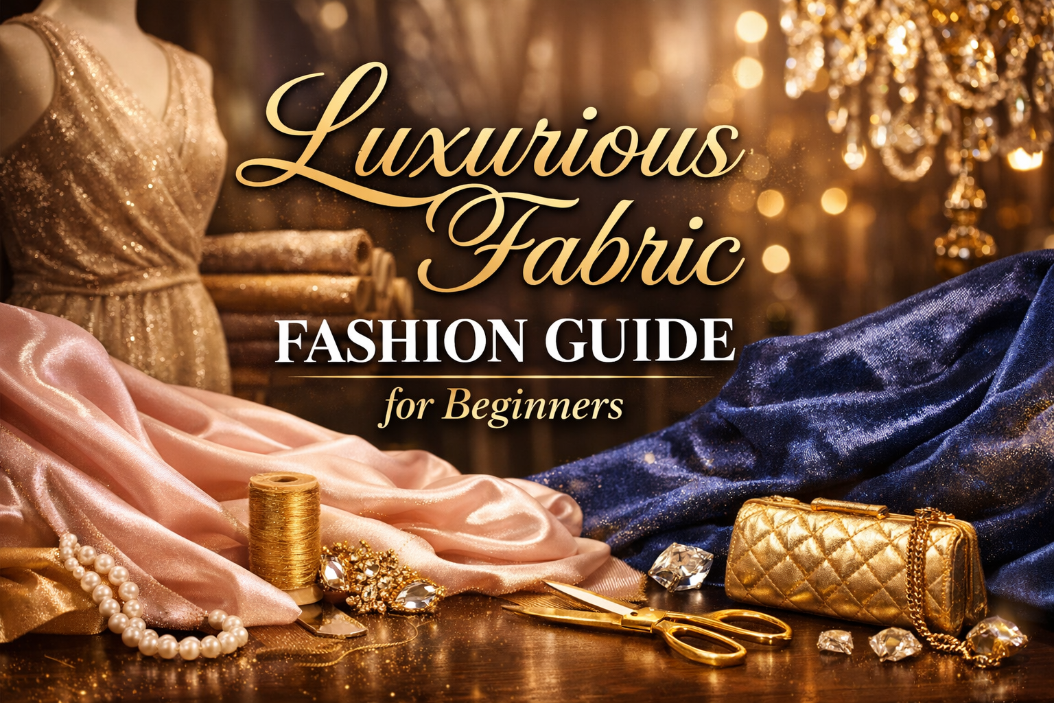 Luxurious fabric fashion guide for beginners featuring silk, satin, and premium textiles in an elegant luxury setting