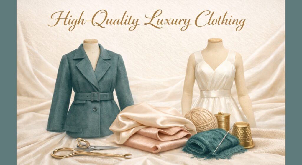 High Quality Luxury Clothing featuring silk, cashmere, and wool fabrics with expert craftsmanship and elegant draping.