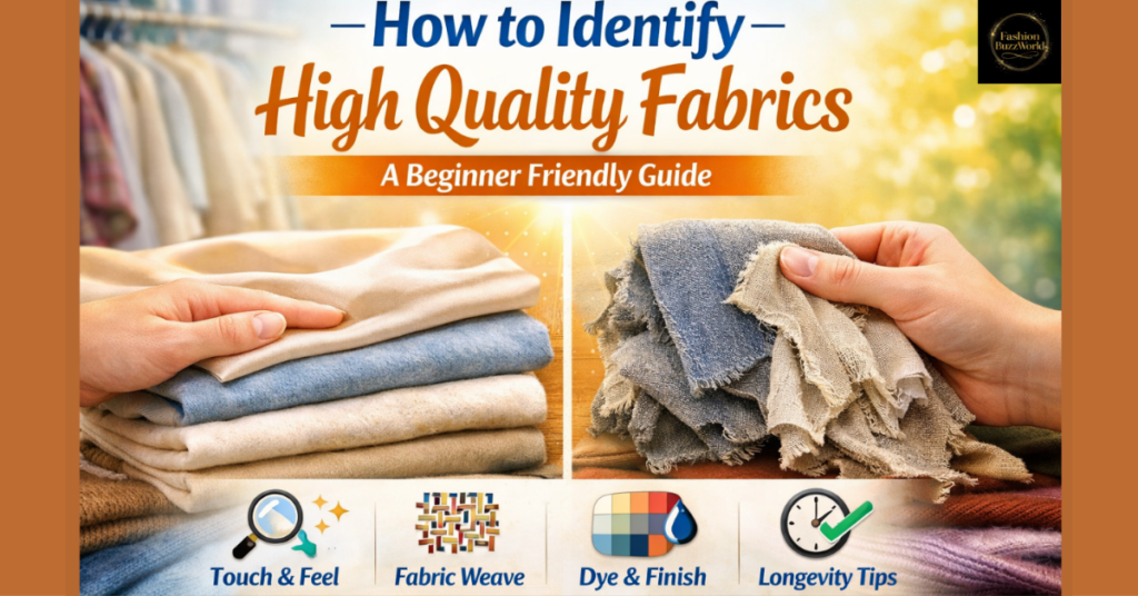 How to identify high quality fabrics for beginners: touch & feel, fabric weave, dye & finish, and longevity tips for choosing premium clothing materials.
