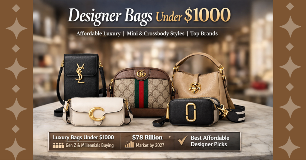 Designer bags under $1000 displayed on marble surface showing mini and crossbody styles from top brands.
