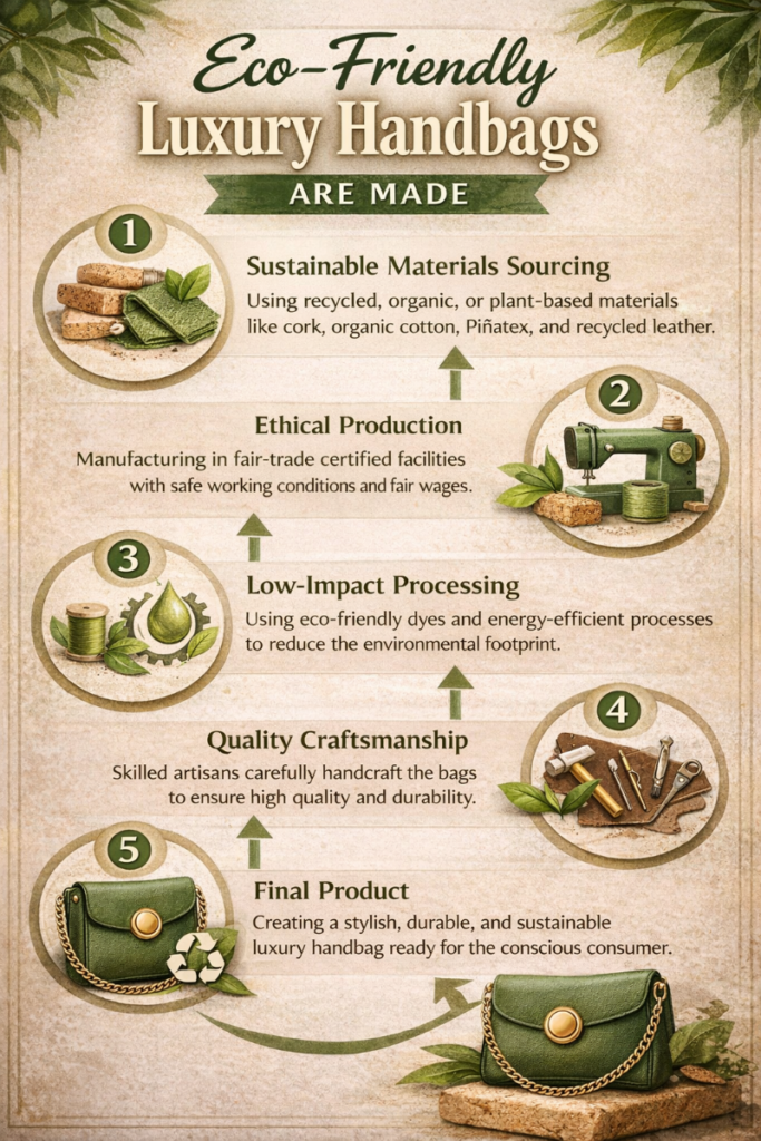 Eco-friendly luxury handbags making process infographic showing sustainable materials and ethical production steps