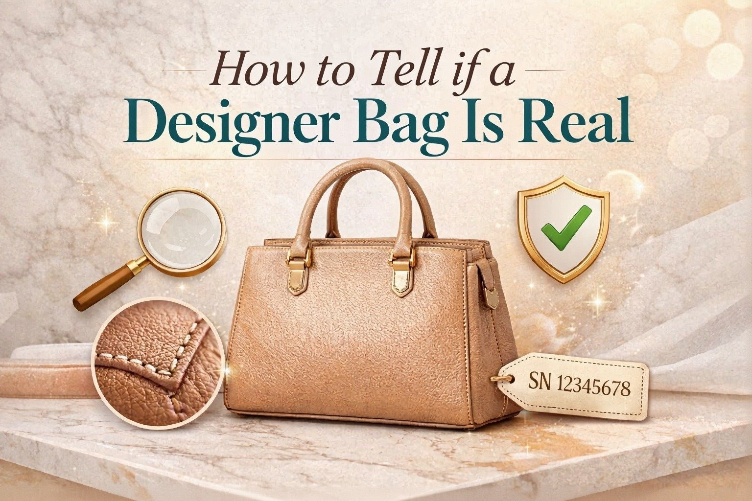 How to tell if a designer bag is real featuring a beige luxury handbag with visible stitching detail, serial number tag, magnifying glass, and authenticity shield icon.