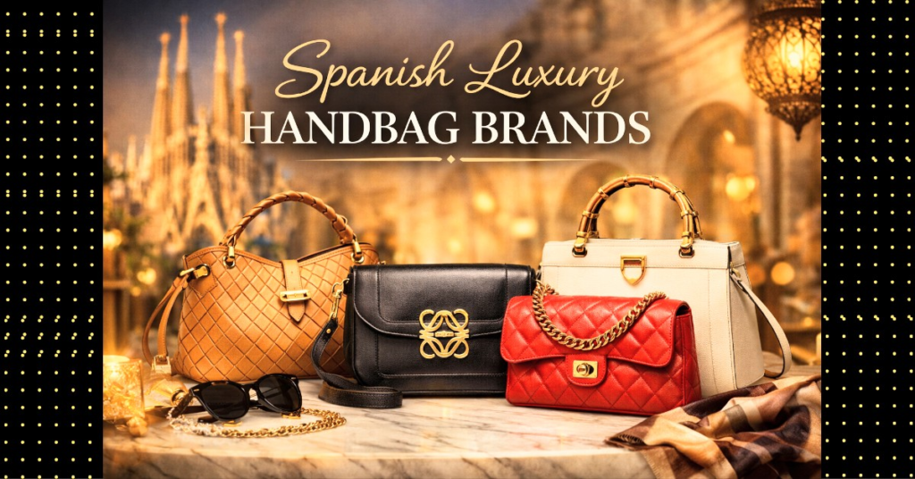 Spanish luxury handbag brands infographic showing designer leather bags inspired by Spanish craftsmanship and luxury fashion