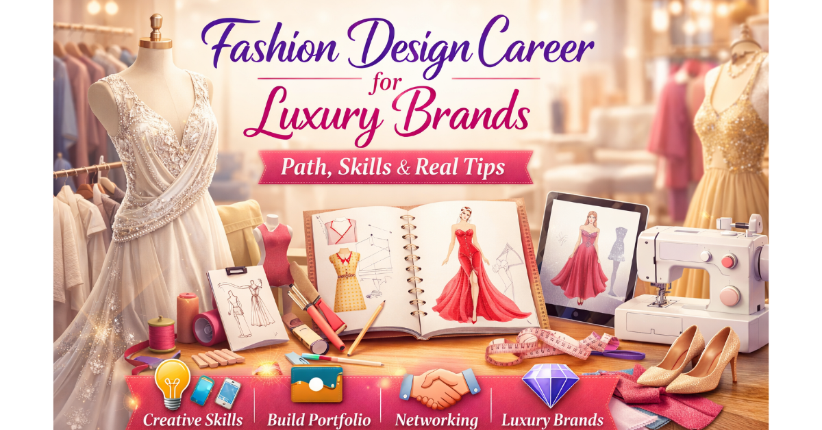 Fashion design career for luxury brands showing skills, portfolio building, networking, and luxury fashion design process