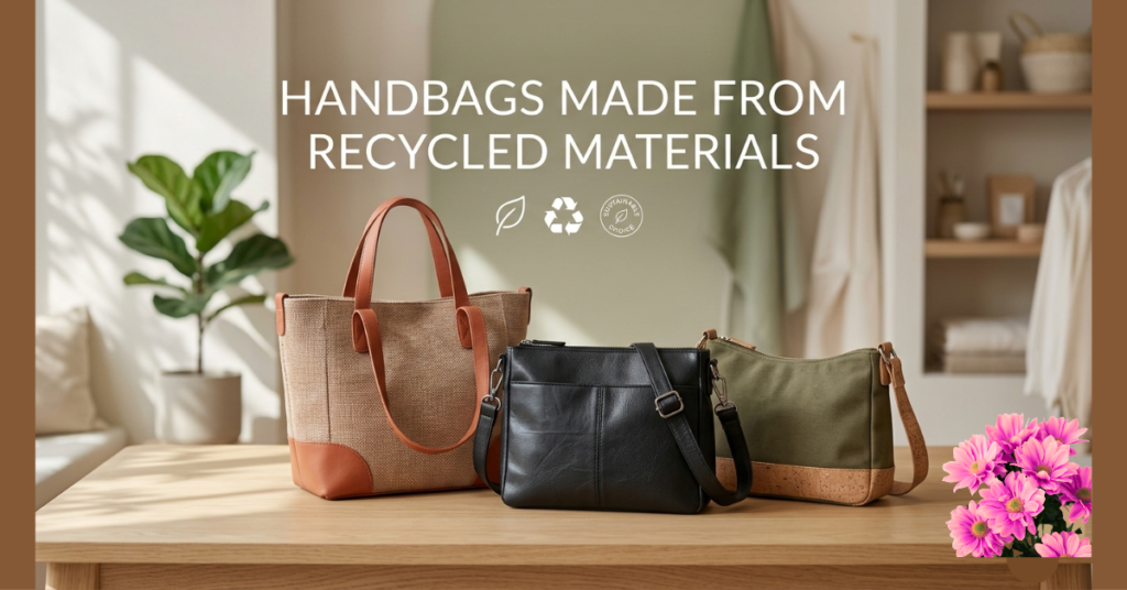 Handbags made from recycled materials featuring eco-friendly, sustainable luxury bags crafted from reused fabrics and plastics