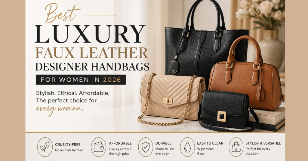 Luxury faux leather designer handbags for women in elegant styles including tote, crossbody and structured bags in neutral colors
